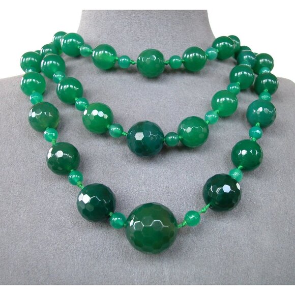 Green 3-Strand Glass Necklace/ Faceted Large Round Beads 28" - Picture 2 of 5